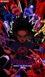 1boy 6+others afro commentary dark-skinned_male dark_background dark_skin disembodied_hand english_commentary evil_eyes glaring highres john_wick male_focus marvel miles_morales multiple_others nodowdy parody simple_background solo_focus sony spider-man:_into_the_spider-verse spider-man_(miles_morales) spider-man_(series) spider-verse superhero_costume