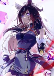 1girl ahoge animal_ears black_dress black_gloves breasts brown_hair cleavage commentary dress duramente_(umamusume) from_side gloves hashtag-only_commentary highres horse_ears horse_girl horse_tail large_breasts long_hair long_sleeves looking_at_viewer multicolored_hair murangee purple_eyes solo streaked_hair tail umamusume