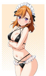 1girl arms_under_breasts bare_arms bikini black_bikini blush breasts closed_mouth collarbone frilled_bikini frills groin hair_between_eyes halterneck highres looking_at_viewer love_live! love_live!_superstar!! maid maid_bikini maid_headdress medium_breasts medium_hair navel orange_hair polka_dot polka_dot_background purple_eyes shibuya_kanon solo swimsuit unconventional_maid underboob yopparai_oni