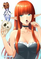 1girl azure_homo_tenta bare_shoulders black_choker blunt_bangs breasts brushing_teeth choker cleavage collarbone commentary creature fingernails highres hime_cut holding holding_toothbrush homo_tenta hulkenberg_(metaphor:_refantazio) lips long_hair masatoshi_1219 medium_breasts metaphor:_refantazio open_mouth pink_lips pink_nails pointy_ears red_hair simple_background strapless toothbrush twitter_username
