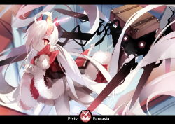 1girl copyright_name demon_girl horns letterboxed long_hair looking_at_viewer monster pixiv_fantasia pixiv_fantasia_t pointy_ears red_eyes red_rulu_(saru) rulu_(saru) saru very_long_hair white_hair