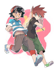 2boys ash_ketchum baseball_cap belly black_hair black_shirt brown_eyes brown_hair flower gary_oak green_eyes green_shorts hat jewelry multiple_boys navel necklace nintendo pokemon pokemon_(anime) pokemon_sm_(anime) red_hat running shirt shorts simple_background smcms-m spiked_hair striped_clothes striped_shirt t-shirt