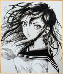Rule 34 | 1girl, commentary request, expressionless, eyelashes, floating clothes, floating hair, from side, greyscale, long hair, looking at viewer, makomako1061, monochrome, neckerchief, original, parted lips, pen (medium), photo (medium), sailor collar, sailor shirt, school uniform, shikishi, shirt, sidelocks, solo, traditional media, turning head, upper body
