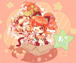 3girls animal_ear_hairband animal_ears animal_hands aqua_sleeves arm_up barefoot black_eyes black_gloves black_hairband blonde_hair blunt_bangs blush_stickers bow cat_ear_hairband cat_ears cat_tail character_request chibi closed_mouth collared_dress colored_skin commentary_request detached_sleeves diamond_in_eye dress dress_bow eyelashes eyewear_on_head fake_animal_ears fake_claws gloves hair_bow hair_ornament hairband happy heart idol idolmaster idolmaster_cinderella_girls kemonomimi_mode long_hair long_sleeves looking_at_viewer midriff miniskirt motion_lines multicolored_skin multiple_girls navel one_eye_closed one_side_up open_mouth orange_background orange_eyes orange_hair orange_skirt outline paw_gloves pawpads pink-framed_eyewear pink_bow pink_dress pink_shirt pink_skirt shadow shirt short_hair short_twintails single_stripe skirt sleeveless sleeveless_dress sleeveless_shirt smile solid_oval_eyes star_(symbol) star_hair_ornament striped_bow sunglasses tail tail_wagging tareme translation_request tsurime twintails two-tone_skin usoneko wavy_hair white_outline yellow_eyes