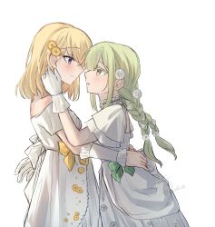 2girls absurdres bang_dream! bang_dream!_it&#039;s_mygo!!!!! blonde_hair blush closed_mouth commentary detached_sleeves dress eye_contact flower gloves green_hair hair_flower hair_ornament hand_on_another&#039;s_waist hashtag-only_commentary highres kaeru_(kaeee41917105) long_hair looking_at_another medium_hair misumi_uika multiple_girls off-shoulder_dress off_shoulder open_mouth orange_flower purple_eyes short_sleeves simple_background smile wakaba_mutsumi white_background white_dress white_flower white_gloves yellow_eyes yuri