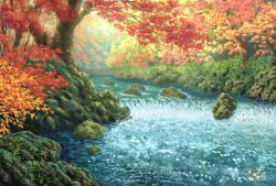 Rule 34 | autumn, autumn leaves, commentary request, day, forest, leaf, nature, no humans, original, outdoors, river, rock, scenery, signature, suupii, tree, water