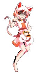 1girl alphes_(style) animal_ears barefoot bell cat_ears cat_girl cat_tail commentary_request dairi full_body goutokuji_mike hair_between_eyes hand_up large_variant_set legs multicolored_skirt neck_bell open_mouth orange_eyes parody shaded_face shirt short_hair skirt smile solo standing style_parody t-shirt tachi-e tail touhou transparent_background unconnected_marketeers variant_set white_hair