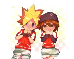 1boy 1girl blonde_hair blue_eyes blush brown_hair haruka_(saru_getchu) jacket kakeru_(saru_getchu) looking_at_viewer open_mouth pants pointy_hair red_hair saru_getchu short_hair skirt smile sony