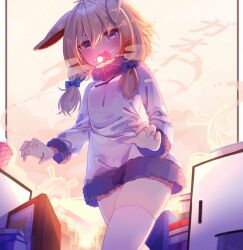 1girl animal_ears blonde_hair breasts commentary_request copyright_request dress fur-trimmed_dress fur-trimmed_sleeves fur_trim hair_between_eyes highres kusarin long_hair long_sleeves low_twintails mouth_beam open_mouth purple_eyes roin small_breasts solo_focus thighhighs twintails walking white_dress white_thighhighs