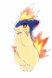 blush choko_(sweetpocket) creatures_(company) fire game_freak gen_2_pokemon heart highres nintendo no_humans pawpads pokemon pokemon_(creature) quilava red_eyes simple_background smile solo white_background