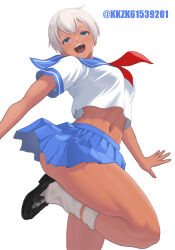 Rule 34 | 1girl, :d, artist name, black shoes, blue eyes, blue sailor collar, blue skirt, breasts, commentary, crop top, dark-skinned female, dark skin, elena (street fighter), grey hair, highres, kkzk61539201, large breasts, leg up, loafers, looking at viewer, loose socks, midriff, miniskirt, navel, neckerchief, official alternate costume, open mouth, outstretched arms, pleated skirt, red neckerchief, sailor collar, school uniform, serafuku, shirt, shoes, short hair, simple background, skirt, smile, socks, solo, spread arms, standing, standing on one leg, street fighter, teeth, thick thighs, thighs, twitter username, upper teeth only, white background, white shirt, white socks