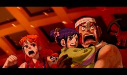 Rule 34 | 1boy, 2girls, bandaid, bandaid on face, bare shoulders, black eyes, black gloves, clenched hand, curly hair, facial hair, fire, floral print, floral print kimono, flower, gloves, goatee, hair flower, hair ornament, highres, indoors, injury, japanese clothes, kimono, kurozumi tama, long hair, long nose, looking to the side, mrs.custard, multiple girls, nami (one piece), nami (one piece) (onigashima), one piece, open mouth, orange eyes, orange hair, print kimono, purple eyes, purple hair, red kimono, running, shoulder tattoo, signature, sleeveless, sleeveless kimono, slingshot (weapon), sweat, tattoo, teeth, usopp, weapon