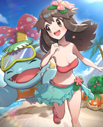 beach bikini breasts clothed_pokemon creatures_(company) game_freak gen_1_pokemon gonzarez highres krabby leaf_(pokemon) medium_breasts nintendo pokemon pokemon_(creature) pokemon_masters_ex pokemon_unite sand sandals swimsuit venusaur