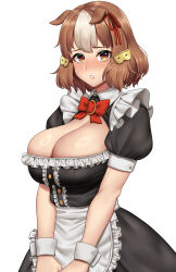 1girl absurdres alternate_costume animal_ears apron belno_light_(umamusume) black_dress blush bow breasts brown_hair cleavage dress ear_ribbon enmaided frilled_apron frills hair_ornament highres horse_ears horse_girl large_breasts letter_hair_ornament maid maid_apron multicolored_hair puffy_short_sleeves puffy_sleeves red_bow short_hair short_sleeves simple_background solo stmoon umamusume umamusume:_cinderella_gray waist_apron white_apron white_background wrist_cuffs