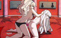 2girls all_fours animated animated_gif artist_name ass bare_arms bare_back bare_hips bare_legs bare_shoulders barefoot bear_hair_ornament bed black_gloves black_panties black_ribbon blonde_hair blue_eyes bouncing_ass bouncing_breasts braid braided_ponytail breasts closed_eyes closed_mouth completely_nude danganronpa:_trigger_happy_havoc danganronpa_(series) dildo doggystyle enoshima_junko eyelashes feet female_focus fingernails full_body gloves hair_ornament hair_ribbon kinkymation kirigiri_kyoko kneeling large_breasts long_hair looping_animation metal_plate multiple_girls nude open_mouth panties pillar pink_lips pussy pussy_peek red_floor red_nails red_wall ribbon sex sex_from_behind sex_toy signature strap-on teeth tile_floor tiles toes twintails underwear upper_teeth_only white_background yuri