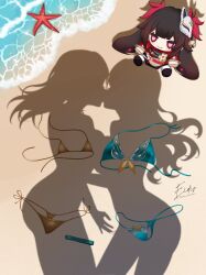2girls absurdres beach bikini blue_bikini dressed_shadow_(meme) eidis_scarlet firefly_(honkai:_star_rail) highres honkai:_star_rail honkai_(series) implied_after_fingering implied_kiss implied_nudity long_hair meme multiple_girls outdoors pov_shadow shadow shore sparkle_(doll)_(honkai:_star_rail) starfish stelle_(honkai:_star_rail) swimsuit trailblazer_(honkai:_star_rail) unworn_bikini water yellow_bikini yuri