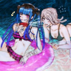 2girls amemiya_darumi bikini black_hair blue_hair breasts cleavage collarbone creator_connection crossover danganronpa_(series) danganronpa_3_(anime) female_focus grey_hair innertube kimura_seiko long_hair multicolored_hair multiple_girls navel pink_eyes small_breasts swim_ring swimsuit tagme the_hundred_line_-last_defense_academy- twintails water