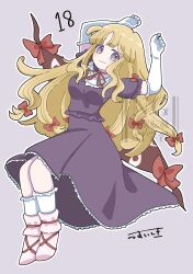 1girl blonde_hair choker comic_fate dress elbow_gloves full_body gap_(touhou) gloves hair_ribbon highres long_hair looking_at_viewer no_headwear purple_dress purple_eyes ribbon ribbon_choker smile socks solo touhou very_long_hair watermark white_gloves white_socks yakumo_yukari