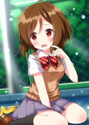 1girl banana_peel between_legs black_socks blue_skirt blush bow bowtie breasts brown_hair brown_shoes collared_shirt commentary_request domyoji_karin hand_between_legs hand_up highres idolmaster idolmaster_cinderella_girls kneehighs medium_breasts open_mouth outdoors pleated_skirt red_bow red_bowtie red_eyes ruu_(tksymkw) school_uniform shirt shoes short_hair short_sleeves sitting skirt socks solo sweater_vest tears white_shirt yellow_sweater_vest