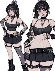 1girl baldur&#039;s_gate baldur&#039;s_gate_3 black_hair blush blushyspicy braid breasts choker dungeons_&amp;_dragons dungeons_&amp;_dragons elf goth_fashion green_eyes hair_ornament highres large_breasts long_hair looking_at_viewer multi-tied_hair navel pointy_ears scar scar_on_face scar_on_nose shadowheart_(baldur&#039;s_gate) simple_background skirt smile solo
