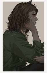 Rule 34 | 1boy, basilio (metaphor: refantazio), border, brown hair, cipcal, colored skin, commentary, from side, green shirt, grey skin, highres, looking ahead, male focus, medium hair, metaphor: refantazio, outside border, parted lips, red eyes, shirt, smile, white border