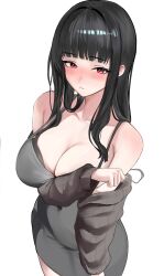 1girl absurdres black_bra black_hair blush bra bra_peek breasts cleavage commentary d_(killer_wife)_(nikke) d_(nikke) dongtan_dress dress english_commentary goddess_of_victory:_nikke grey_dress grey_sweater highres kopepan_(kopepann11) large_breasts long_hair looking_at_viewer meme_attire official_alternate_costume red_eyes simple_background solo sweater underwear white_background