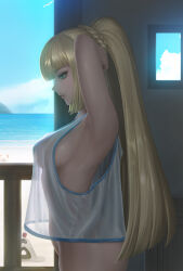 1girl absurdres armpits arms_up beach blonde_hair blue_sky bottomless breasts camisole cloud day from_side gen_1_pokemon gen_3_pokemon gen_7_pokemon green_eyes highres indoors krabby lillie_(pokemon) limgae medium_breasts nintendo pokemon pokemon_(creature) pokemon_sm sandygast see-through_clothes see-through_shirt shirt sideboob sky solo white_camisole wingull