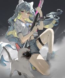 Rule 34 | animal, animal ears, assault rifle, bell, bracelet, breasts, bxlm08, cat, cat ears, closed mouth, clothing cutout, frown, gun, highres, holding, holding gun, holding weapon, injury, jewelry, looking at viewer, medium breasts, multicolored hair, navel, navel cutout, neck bell, on one knee, original, pearl bracelet, red eyes, rifle, sailor collar, sailor shirt, scar, scratches, shirt, shoes, shorts, smoke, sneakers, thigh strap, wavy hair, weapon, whiskers