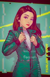 1girl absurdres american_flag april_jubilees aston_martin black_eyes brown_hair chromatic_aberration formula_one glitch green_jumpsuit grey_sweater head_tilt highres holding holding_jacket holding_unworn_clothes huh_yun-jin jacket jumpsuit k-pop le_sserafim long_hair looking_at_viewer racing_suit real_life red_lips solo song_name sweater unworn_jacket