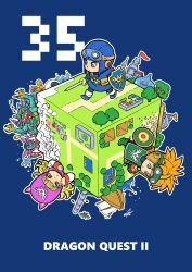 1girl 5boys absurdres animal_ears anniversary annoyed apple atlas_(dragon_quest) aviator_cap black_bodysuit blonde_hair blue_background blue_eyes blue_gloves blue_hat blue_horns blue_shoes blue_skin blue_tunic bodysuit boots cape castle chewing chibi club_(weapon) colored_skin copyright_name cousins creature_request cube cyclops cyclops_(dragon_quest) dog_ears drackolyte dragon dragon_quest dragon_quest_ii eating ebiten_(ebi10d) erdrick&#039;s_shield extra_arms fangs fins food fruit gloves goggles goggles_on_headwear green_boots green_gloves green_scales green_tabard hand_on_own_cheek hand_on_own_face hargon hat head_fins highres holding holding_club holding_food holding_fruit holding_shield holding_staff holding_sword holding_weapon horns mage_staff monster multiple_boys one-eyed open_mouth orange_cape orange_hair pink_hood poncho prince_of_lorasia prince_of_samantoria princess_of_moonbrook pyramid_(structure) red_eyes robe roto&#039;s_emblem shield ship shoes short_hair sidoh sleeping slime_(dragon_quest) spiked_hair staff sword tabard tunic watercraft weapon white_robe zzz
