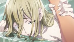 1boy 1girl bathing bathroom bathtub blonde_hair breasts completely_nude crying crying_with_eyes_open ears_visible_through_hair eyes_visible_through_hair fingernails fukuda_tomonori game_cg hair_between_eyes highres holding_another&#039;s_wrist in_bathtub koujiro_frau looking_at_viewer non-web_source nude official_art open_mouth overflowing overflowing_bath parted_lips partially_submerged pov pov_hands robotics;notes shiny_eyes shiny_skin sideboob small_breasts tearing_up tears tongue yashio_kaito yellow_eyes