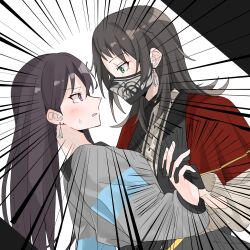 Rule 34 | 2girls, bang dream!, bang dream! it&#039;s mygo!!!!!, black gloves, black hair, black mask, blue eyes, capelet, commentary request, earrings, eye contact, gloves, grey jacket, highres, jacket, jewelry, long hair, looking at another, mask, medium hair, mouth mask, multiple girls, nanami (nunnun 0410), open mouth, purple eyes, red capelet, shiina taki, timoris (bang dream!), upper body, yahata umiri, yuri