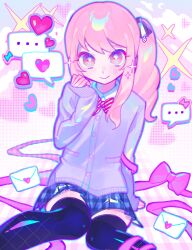 ... 1other akiyama_mizuki arm_support black_bow black_thighhighs blue_background blue_outline blue_skirt blush bow bowtie buttons cardigan closed_mouth collared_shirt diagonal-striped_bow diagonal-striped_bowtie diagonal-striped_clothes eyebrows_hidden_by_hair feet_out_of_frame gradient_background hair_between_eyes hair_bow hand_up hashtag-only_commentary heart highres iro_(mywife_sunny) kamiyama_high_school_uniform_(project_sekai) knees_together_feet_apart long_hair long_sleeves looking_at_viewer miniskirt other_focus outline pink_background pink_bow pink_eyes pink_hair pink_ribbon plaid_background plaid_clothes plaid_skirt project_sekai purple_cardigan purple_outline red_bow red_bowtie ribbon school_uniform shirt side_ponytail sidelocks simple_background sitting skirt sleeves_past_wrists smile solo sparkle spoken_ellipsis spoken_heart striped_clothes swept_bangs thighhighs two-tone_bow two-tone_bowtie upturned_eyes white_background white_bow white_bowtie white_shirt zettai_ryouiki