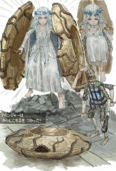 1girl absurdres barefoot blue_eyes blue_hair braid doll_joints dress dual_wielding elden_ring elden_ring_nightreign flower_wreath highres holding holding_shield in-universe_location jewelry joints long_hair low_twin_braids mannequin multiple_views revenant_(elden_ring) shield solipsist twin_braids veil white_dress white_veil