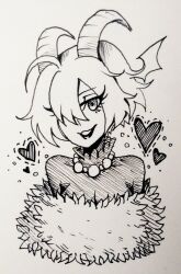 1girl alternate_hairstyle bead_necklace beads breasts bubble cleavage cropped_torso demon_girl demon_horns dress funamusea fur-trimmed_dress fur_trim gallaxi greyscale hair_over_one_eye hair_wings heart highres horns jewelry large_breasts lil_(funamusea) looking_at_viewer monochrome necklace short_hair smile solo traditional_media