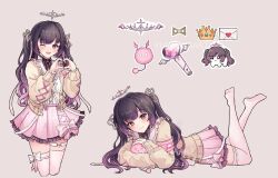 1girl armband black_hair bow cardigan closed_mouth commentary crown english_commentary hair_ornament hair_ribbon heart heart_hands himemiya_rie himemiya_rie_(1st_costume) kato_yuurina letter long_hair long_sleeves love_letter mole mole_under_eye multicolored_hair one_eye_closed open_mouth phase_connect pink_armband pink_bow pink_hair pink_skirt pleated_skirt purple_eyes ribbon sailor_collar shirt skirt streaked_hair thighhighs tiara virtual_youtuber watermark white_ribbon white_sailor_collar white_shirt white_thighhighs yellow_cardigan