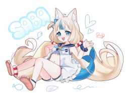Rule 34 | 1girl, animal ear fluff, animal ears, blue eyes, blue hair, breasts, cat ears, character name, commentary, fins, fish girl, fish tail, full body, highres, indie virtual youtuber, knees up, looking at viewer, low twintails, meemz a, multicolored hair, navel, open mouth, sameko saba, shorts, simple background, sitting, small breasts, solo, streaked hair, tail, toes, twintails, virtual youtuber, white background, white shorts