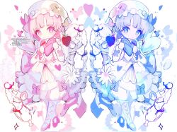 back_bow blue_bow blue_butterfly blue_dress blue_eyes blue_hair blue_ribbon blue_shoes bow bug butterfly colored_skin dress dress_bow falling_petals flower food frilled_dress frilled_skirt frilled_sleeves frills fruit glass hair_ornament hat heart holding holding_heart insect leaf_hair_ornament light_blush light_particles long_sleeves looking_at_another looking_at_viewer looking_to_the_side mob_cap original petals pink_bow pink_butterfly pink_dress pink_eyes pink_flower pink_hair pink_ribbon pink_shoes ribbon shoes short_hair signature skirt socks sparkle spilling standing standing_on_one_leg strawberry water weapongrants white_background white_dress white_socks
