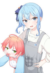 2girls age_difference aged_down ahoge alternate_costume apron asymmetrical_hair bib black_ribbon blue_eyes blue_hair blue_ribbon blue_shirt blush child eyelashes feet_out_of_frame green_eyes grey_apron hair_ribbon hand_on_own_hip highres hololive hoshimachi_suisei long_hair long_sleeves looking_at_viewer lower_teeth_only medium_hair multiple_girls open_mouth pacifier pink_hair puffy_long_sleeves puffy_sleeves ribbon sakura_miko shirt side_ponytail simple_background sparkle sweatdrop teeth ugaaaa1 upper_body virtual_youtuber white_background white_shirt