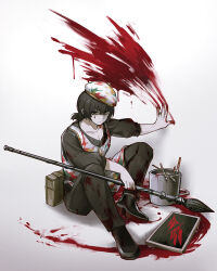1boy apron beret black_eyes black_footwear black_hair black_pants black_shirt blood blood_on_clothes blood_on_ground blood_on_wall bucket commentary flaw_eight full_body hand_on_wall hand_up hat highres holding holding_paintbrush light_smile limbus_company male_focus on_ground oversized_object paint_on_clothes paintbrush pants project_moon ring_(identity)_(project_moon) shirt short_sleeves sidelocks sitting solo symbol-only_commentary teardrop_facial_mark white_apron white_hat yi_sang_(project_moon)