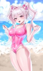 1girl alice_(nikke) beach blurry blurry_background blush bokeh breasts clenched_hands covered_navel depth_of_field goddess_of_victory:_nikke grey_hair hair_between_eyes hair_intakes hair_ornament hair_scrunchie hands_up happy highres jik_oxox long_hair looking_at_viewer medium_breasts ocean one-piece_swimsuit open_mouth pink_eyes pink_one-piece_swimsuit sand scrunchie standing swimsuit teeth twintails twitter_username upper_teeth_only