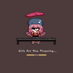 1girl animal_ears animated apron bandana bird_ears bird_girl bird_wings blush brown_background cooking eighth_note english_text fire food game grill grilling hat headwrap hitting japanese_clothes knife loading_screen meat motion_lines musical_note musical_note_print mystia_lorelei obi official_alternate_costume performance pink_hair pixel_art quaver sash screencap self-upload short_hair simple_background skirt skull_cap slashing sliced slicing slippers socks speed_lines stab standing sunglasses suspenders tagme throwing touhou touhou_mystia&#039;s_izakaya towel video wing_ornament wings youzikk