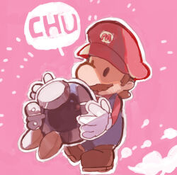 1boy big_nose black_eyes blue_overalls bobby_(paper_mario) bomb brown_hair brown_shoes cabbie_hat closed_eyes commentary_request explosive facial_hair full_body gloves hat kiss long_sleeves male_focus mario mario_(series) mustache nintendo notice_lines open_mouth outline overalls paper_mario paper_mario:_the_origami_king paper_mario_(character) pink_background red_hat red_shirt rokuyontarou shirt shoes short_hair solid_oval_eyes sound_effects speech_bubble surprised white_gloves white_outline winding_key