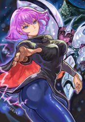 1girl ass asteroid axis_(gundam) black_cape black_dress blue_eyes blue_pants breasts cape closed_mouth commentary dated dress english_commentary gundam haman_karn highres mecha medium_breasts medium_hair mobile_suit okrdisk2000 pants pink_hair qubeley red_cape robot science_fiction skin_tight solo space two-sided_cape two-sided_fabric zeta_gundam