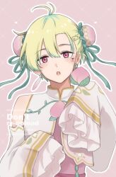 Rule 34 | 1boy, :o, antenna hair, bare shoulders, blush, bun cover, commentary request, detached sleeves, double bun, earrings, food, frilled sleeves, frills, fruit, green hair, hair bun, hanazono momohito, hand up, idolmaster, idolmaster side-m, jewelry, male focus, memo ri 2, outline, peach, pink background, pink eyes, sleeves past fingers, sleeves past wrists, solo, upper body, watermark, white outline, wide sleeves