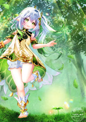 1girl bare_shoulders bloomers bracelet commentary_request dated day detached_sleeves dress foot_up full_body genshin_impact gold_trim gradient_hair grass green_eyes green_hair green_sleeves hair_between_eyes hair_ornament han_(riyonosyumi) highres jewelry leaf_hair_ornament long_hair multicolored_hair nahida_(genshin_impact) nature open_mouth outdoors pointy_ears side_ponytail sleeveless sleeveless_dress solo star-shaped_pupils star_(symbol) stirrup_legwear sunlight symbol-shaped_pupils teeth toeless_legwear toes tree underwear upper_teeth_only white_bloomers white_dress white_hair