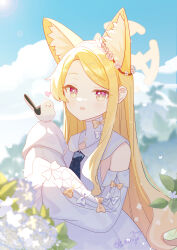 1girl absurdres animal_ear_fluff animal_ears bare_shoulders bird bird_on_hand blonde_hair blue_archive blue_necktie blue_sky blurry chinese_commentary cloud cloudy_sky commentary_request day depth_of_field detached_sleeves dress flower fox_ears gradient_eyes halo highres lens_flare light_blush long_hair long_sleeves looking_at_viewer multicolored_eyes necktie open_mouth outdoors pink_eyes polka_dot_necktie puffy_long_sleeves puffy_sleeves seia_(blue_archive) signature single_sidelock sky sleeves_past_fingers sleeves_past_wrists smile solo sunlight upper_body very_long_hair white_bird white_dress white_flower ximilulu yellow_halo