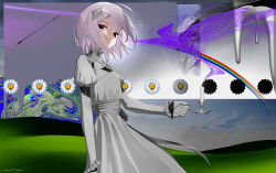 Rule 34 | 1girl, abstract background, absurdres, black eyes, candle, candlestand, closed mouth, commentary, commission, cowboy shot, distortion, dress, empty eyes, field, flower, grey dress, hair ornament, highres, holding candlestand, juliet sleeves, long sleeves, looking at viewer, melting, original, puffy sleeves, rainbow, short hair, signal 1120, skeb commission, sky, smile, solo, standing, white flower