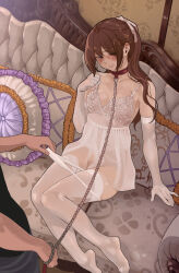 1girl absurdres bare_shoulders brown_hair couch dress elbow_gloves feet gloves highres lace lace-trimmed_dress lace_trim long_hair one_eye_closed original panties slave thighhighs underwear white_gloves white_panties white_thighhighs yewang19 yu_xuan_(yewang19)