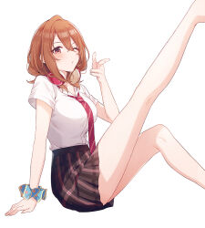 1girl bare_legs black_skirt blush breasts collared_shirt commentary_request double-parted_bangs feet_out_of_frame hair_between_eyes hand_up headphones headphones_around_neck knee_up kohinata_iroha_(imouuzai) leg_up legs looking_at_viewer medium_hair miniskirt necktie official_art one_eye_closed parted_lips pleated_skirt red_necktie school_uniform scrunchie second-party_source shirt short_sleeves simple_background sitting skirt solo tomari_(veryberry00) tomodachi_no_imouto_ga_ore_ni_dake_uzai white_background white_shirt wing_collar wrist_scrunchie